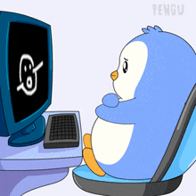 a cartoon penguin is sitting in front of a computer screen with the word pengu on the bottom