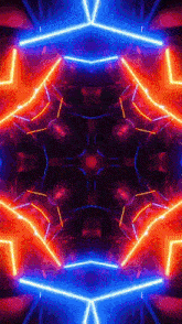 a kaleidoscope of red and blue lights on a black background