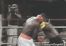 two boxers are fighting in a boxing ring with a picture of a doge on the back of one of them