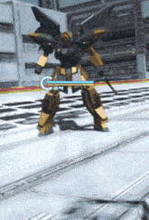 a robot is standing on a checkered floor and holding a sword