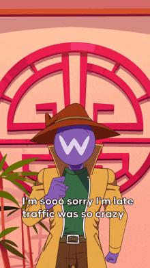 a cartoon character with a w on his head