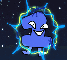 a drawing of a blue cartoon character with a surprised look on his face