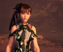 a woman in a green and white outfit with a sword around her neck