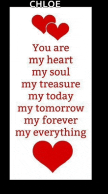 a poster that says " chloe you are my heart my soul my treasure my today my tomorrow my forever my everything " with red hearts