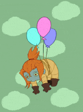 a cartoon character is flying through the air with three balloons attached to his back