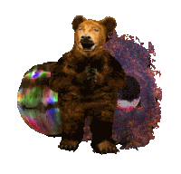 a brown bear is standing next to a colorful object