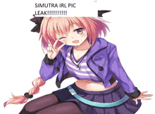 a girl with pink hair and a purple jacket says simutra irl pic