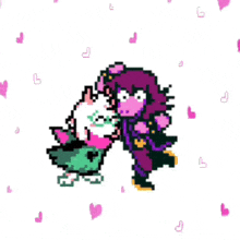 a pixel art of a girl kissing a sheep surrounded by pink hearts