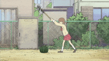 a girl in a red skirt is standing next to a watermelon and holding a rake