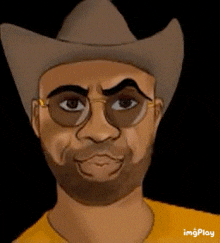 a man with a beard and glasses is wearing a cowboy hat and glasses .