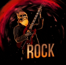 a poster of a skeleton playing a guitar with the word rock in the corner