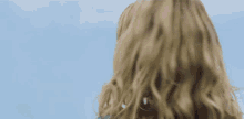 a close up of a woman 's hair with a blue sky in the background