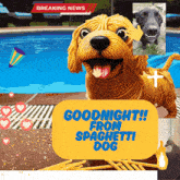 a picture of a stuffed dog with the words goodnight from spaghetti dog written on it