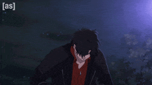 a man in a black jacket and red shirt stands in front of a purple sky with the letters [ as ] on the bottom
