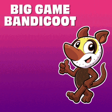 a cartoon dog giving a thumbs up with the words big game bandicoot below it