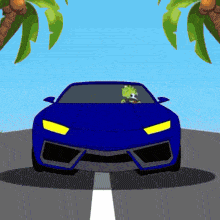 a cartoon drawing of a blue sports car with a lizard driving it