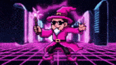 a pixel art of a wizard in a pink coat holding a wand and sunglasses .