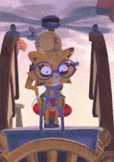 a cartoon character wearing glasses and a wrench on her head