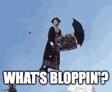 a woman is flying through the air holding an umbrella and a bag .