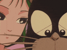 a close up of a girl and a black cat with big eyes