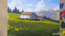 a painting of a barn in a field of yellow flowers is made in animatica