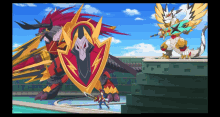 a cartoon character with a sword and shield stands in front of a giant monster