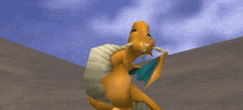 a cartoon dragon is flying through the air with a blue sky behind it