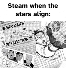 a black and white image with the words steam when the stars align bear claw and deflection