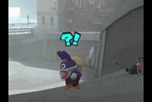 a purple bunny is standing in front of a building with a blue question mark .