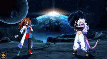 two female anime characters are standing next to each other in a video game .