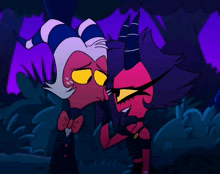 a couple of cartoon characters standing next to each other with one having horns