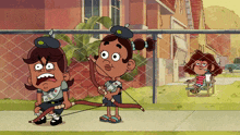 a cartoon girl is holding a bow and arrow while another girl sits in a chair