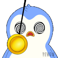 a penguin with hypnotic eyes is holding a golden object in its mouth