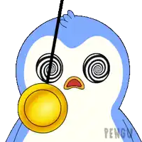 a penguin with hypnotic eyes is holding a golden object in its mouth
