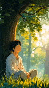 a boy is sitting under a tree listening to music with his eyes closed