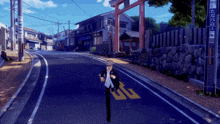 a man in a suit is running down a street in front of a sign that says ' a ' on it
