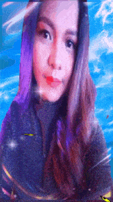 a woman with purple hair is taking a selfie