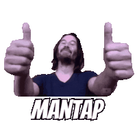 a man in a blue shirt is giving a thumbs up and the word mantap is below him