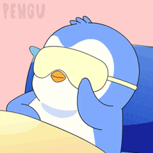 a cartoon penguin wearing a sleep mask with the word pengu behind it