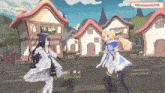 two anime girls are standing in front of a village with a sign that says evermore live