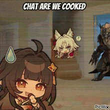 a cartoon of a girl and a monster with the words chat are we cooked above them