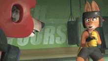 a cartoon fox wearing boxing gloves and a red helmet stands in front of a sign that says cours