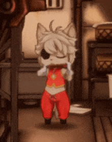 a cartoon character wearing a red vest and red pants is standing in a room