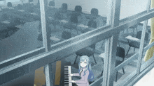a girl with blue hair is playing a piano in front of an empty classroom