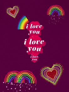a purple background with hearts and rainbows and the words i love you