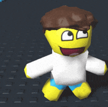 a cartoon character wearing a white shirt and blue shorts is smiling
