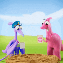 a cartoon of a purple dinosaur and a pink dinosaur standing in a nest