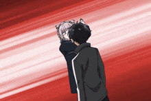a man and a girl are standing next to each other on a red and white background