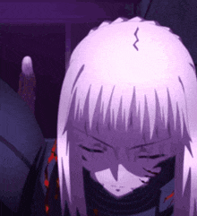 a purple haired anime character with the letter x on her head