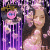a woman is surrounded by pink hearts and a record that says ' agenzia ' on it